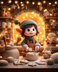 3D Cute Christmas Elf Baking Cookies in Santa Workshop.