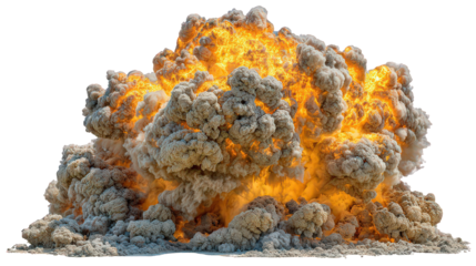 Powerful Explosion with Fiery Orange and Yellow Flames Against a Transparent Background