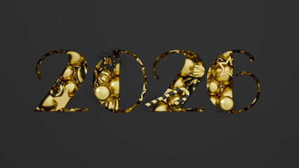 Modern Happy New Year 2026 design with golden ornaments inside numbers. 3d rendering illustration not AI