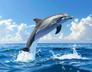 Naklejka premium A majestic dolphin gracefully leaping out of the sparkling blue ocean on a sunny day