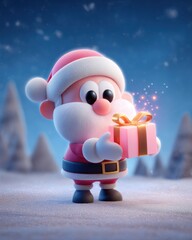 3D Cute Santa Claus Holding Glowing Gift Box in Snowy Christmas Night.