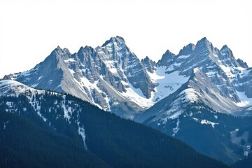 Fototapeta premium Majestic snow capped mountain peaks against a clear white sky