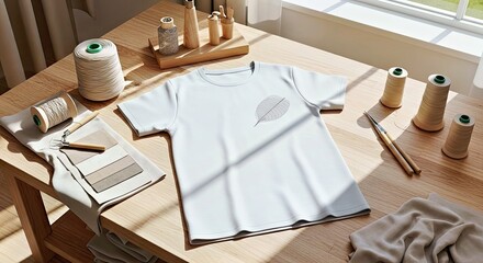 Photorealistic Blank T-shirt Mockup in an Ethical Bright Fashion Workshop Environment