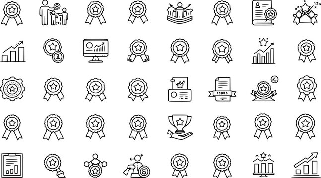 Certification and progress icon set. Thin line editable stroke icons for achievement, recognition, career growth, awards, success milestones, performance, personal development and excellence.