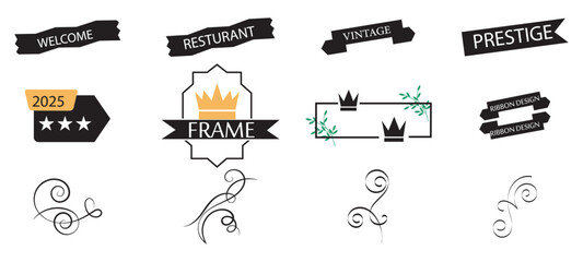 Golden Crown Frame with Ribbon, Stars, Vintage Leaves, and Prestige Labels