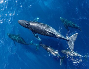 Fototapeta premium Majestic humpback whale pod swimming in the tranquil deep blue ocean, an awe-inspiring aerial view