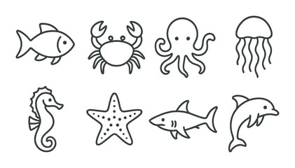 Silhouette icons of marine animals including fish, crab, octopus, and jellyfish