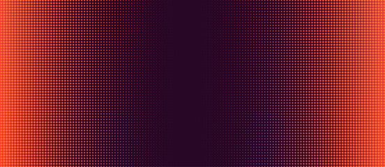 Red LED screen panel with orange vector pattern and digital grid texture. Television studio overlay or disco neon effect for background scene. Abstract halftone points or electronic glow frame.