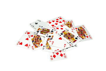 Transparent PNG of scattered playing cards with mixed suits and values, isolated on a clear background.