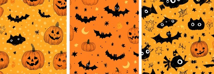Set of three cute Halloween seamless patterns with pumpkins bats and cats.