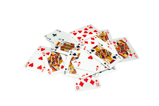 Transparent PNG of scattered playing cards with mixed suits and values, isolated on a clear background.