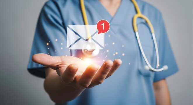 Doctor holding a glowing envelope with a notification in their open hand close up - Powered by Adobe