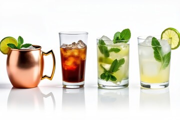 Four refreshing cocktails and a moscow mule mug with garnishes