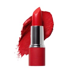 Vibrant Red Lipstick with a Bold Appearance, Showcasing Its Creamy Texture and Rich Color Against a Striking Backdrop of Lipstick Smudge