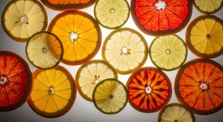 Vibrant, translucent slices of lemon, orange, and blood orange are beautifully backlit, creating a colorful and refreshing citrus mosaic. Perfect for healthy food and drink concepts.