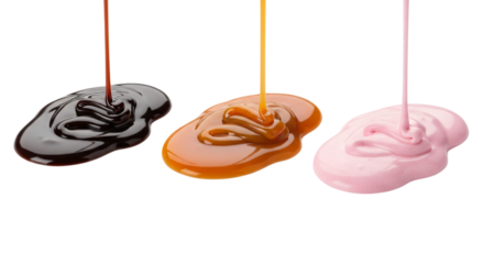 Three streams of sauce pouring onto transparent background