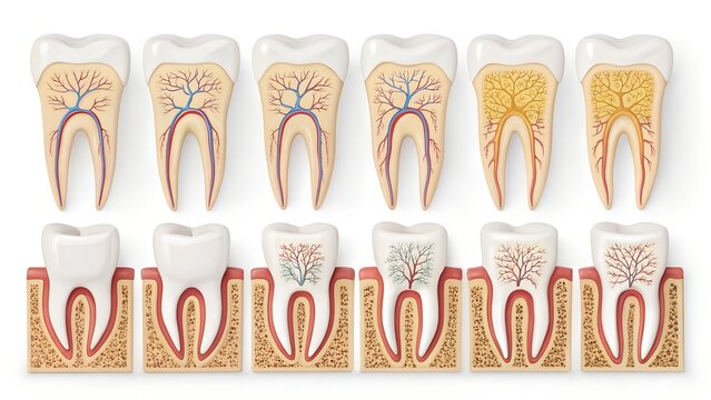 Cross-sectional illustration of tooth development and root system with nerves