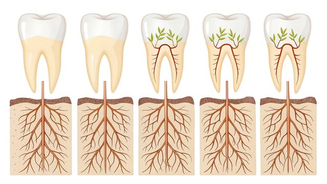 Cross-sectional illustration of tooth development and root system with nerves