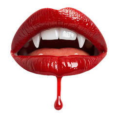 Sensual red vampire lips with fangs and dripping blood isolated on transparent background