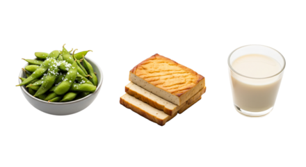 Edamame, toast, and soy milk isolated on transparent background