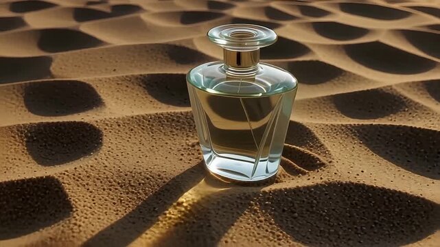 Elegant perfume bottle resting on rippling desert sand dunes under warm sunlight.