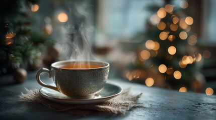 Obraz premium Steaming cup of tea sits on rustic table, with blurred Christmas tree in background, creating cozy holiday atmosphere