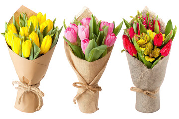 Three Colorful Tulip Bouquets Wrapped in Kraft Paper