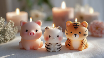 Decorative animal-shaped candles burn softly in cozy home interior, creating warm atmosphere, soft glow and adorable shine. Comfort, family traditions, small details that bring joy to everyday life