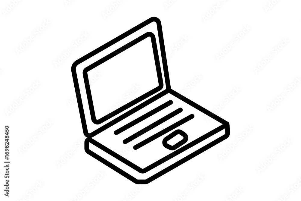 Poster this image shows a simple isometric illustration of a laptop. the device is open, displaying a scree