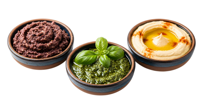 Three dips in bowls isolated on transparent background