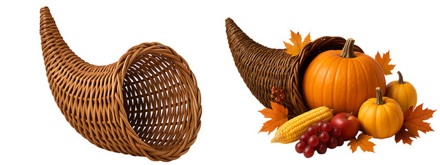 set of cornucopias on a transparent background.Empty wicker cornucopia. Autumn. Traditional symbol of abundance.. Cornucopia with pumpkins, grapes and nuts. Autumn harvest. Festive symbol. Traditions.