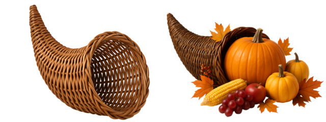 set of cornucopias on a transparent background.Empty wicker cornucopia. Autumn. Traditional symbol of abundance.. Cornucopia with pumpkins, grapes and nuts. Autumn harvest. Festive symbol. Traditions.