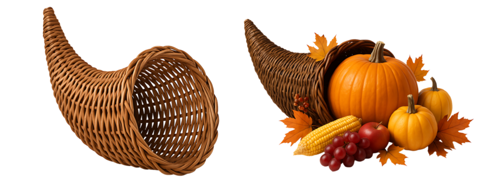 set of cornucopias on a transparent background.Empty wicker cornucopia. Autumn. Traditional symbol of abundance.. Cornucopia with pumpkins, grapes and nuts. Autumn harvest. Festive symbol. Traditions.