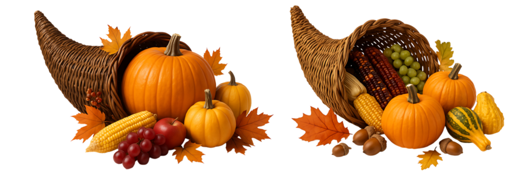 set of cornucopias on a transparent background. Cornucopia with pumpkins, grapes and nuts. Autumn harvest. Festive symbol. Traditions.