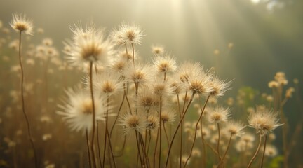 Obraz premium Soft morning sunlight illuminates delicate white wildflowers in a meadow