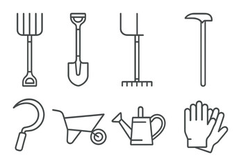 Minimalist garden tools icon set with rake, shovel, hoe, and watering can