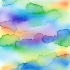 Vibrant watercolor background showcasing a seamless blend of blue, green, yellow, orange, and purple hues. Organic washes create a soft, artistic texture, perfect for creative designs.