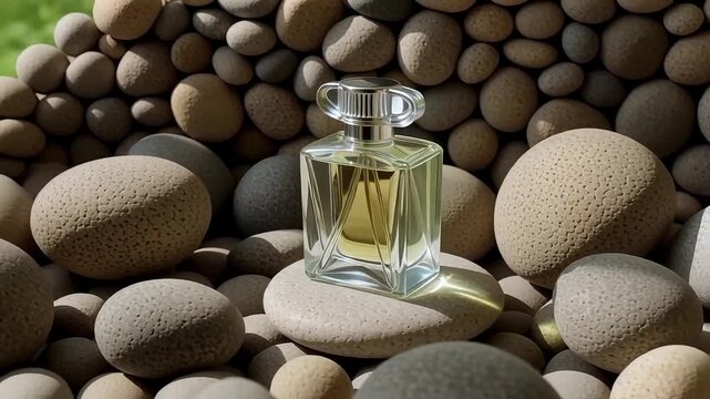 Elegant perfume bottle rests on smooth stones with a soft, natural backdrop.