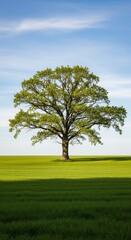 Obraz premium A majestic oak tree stands solitary in a vibrant green field under a clear blue sky with wispy clouds, casting a long shadow across the serene landscape.