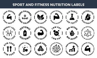Sport and Fitness nutrition vector labels for bottle or packaging.