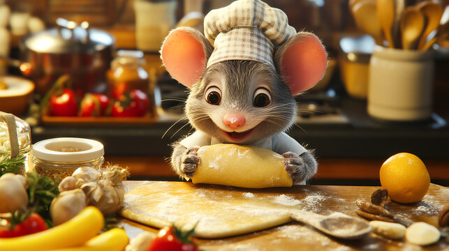 A whimsical mouse chef joyfully rolling dough, surrounded by baking ingredients in a cozy kitchen setting, perfect for food-themed projects