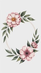 Elegant watercolor floral wreath with soft pink blossoms and green leaves on a light background