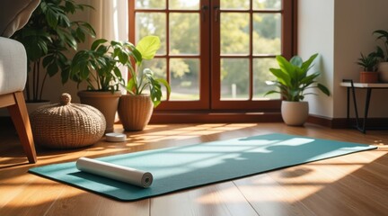 Fototapeta premium Yoga mat on wooden floor with plants and sunlight through window