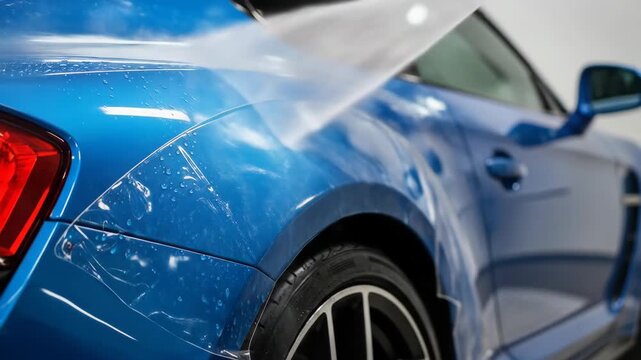 Applying paint protection film on blue sports car to protect it from scratches and stone chips