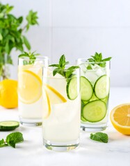 Fototapeta premium Refreshing detox water with lemon, cucumber and mint in clear glasses on white surface