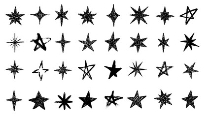 Chalk stars. Hand drawn black grunge crayon Christmas star set with textured rough edges. vector set