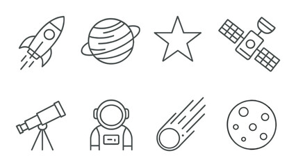 Space icons: rocket, planet, star, satellite, telescope, astronaut, comet, moon
