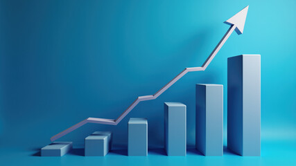 business graph with arrow . Steps of bar chart on blue background , business growth and development , financial data