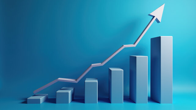 business graph with arrow . Steps of bar chart on blue background , business growth and development , financial data
