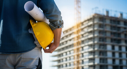 Construction engineer holding blueprints and a yellow hard hat, overlooking a modern building construction site with cranes and new structures